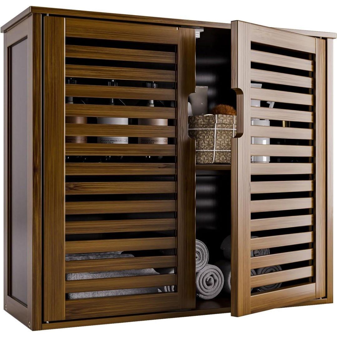 hitnet wandschrank bambus medizinschrank haengend badezimmer haengeschrank mit 2 tueren und verstellbaren regalen ueber der toilette badschrank wandmontage walnuss