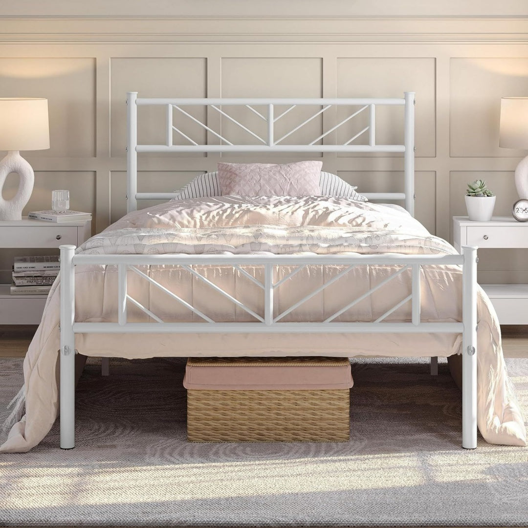 yaheetech metallbett 90 x 200 cm minimalistischer bettrahmen mit kopfteil gaestebett mit lattenrost fuer schlafzimmer gaestezimmer 32cm hoehe unter dem bett weiss