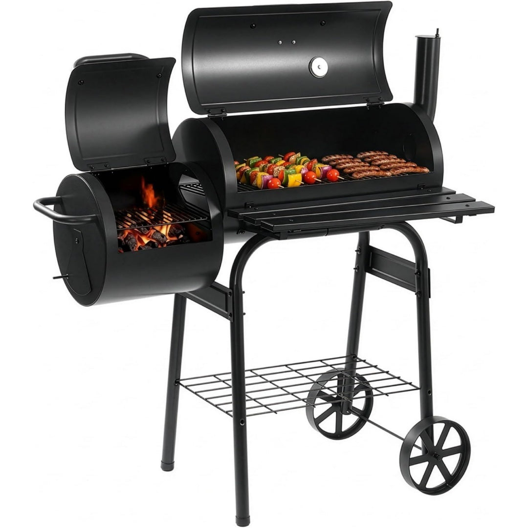 lehmann holzkohlegrill smoker grill 2-in-1 grill grill mit deckel integriertem thermometer und hitzebestaendigem griff fahrbarer grillwagen mit raedern 2-kammern standgrill fuer garten schwarz
