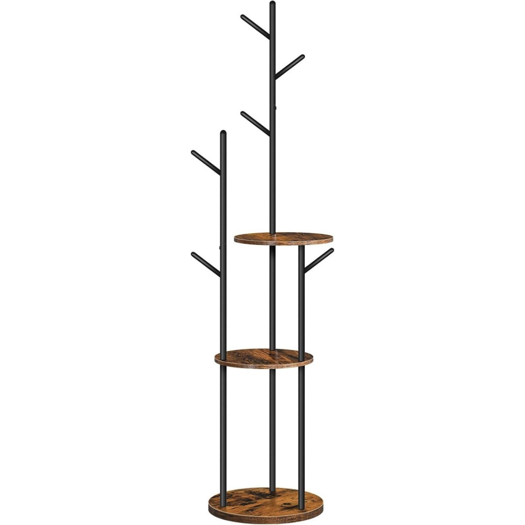 hoobro garderobenstaender freistehender kleiderstaender garderobe in baumform garderobenstaender mit 6 haken und 3 regalen fuer kleidung hut wohnzimmer schlafzimmer braun und schwarz ebf36ym01