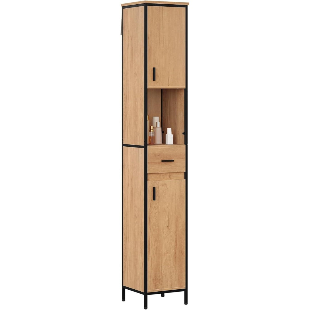 badezimmerschrank badschrank schmal hochschrank badezimmer bad schrank stehend mit schublade offenem fach verstellbaren ablagen 30x180x30 cm schwarz helle eiche