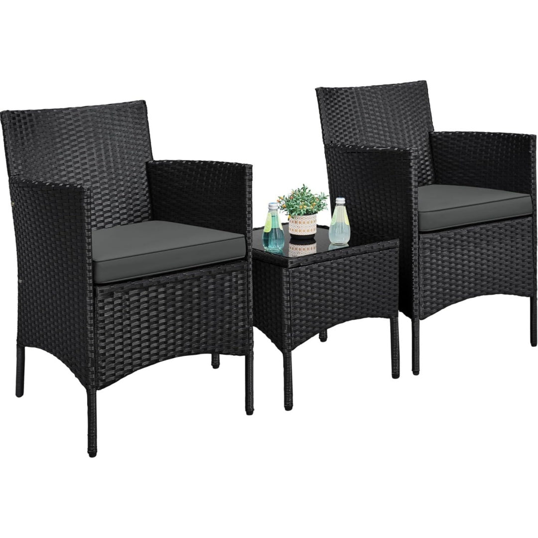 yaheetech balkonmoebel set 3tlg gartenmoebel terrassenmoebel aus pe-rattan gartensitzgruppe lounge set inkl 2 stuehle mit sitzkissen tisch fuer balkon terrasse schwarzgrau