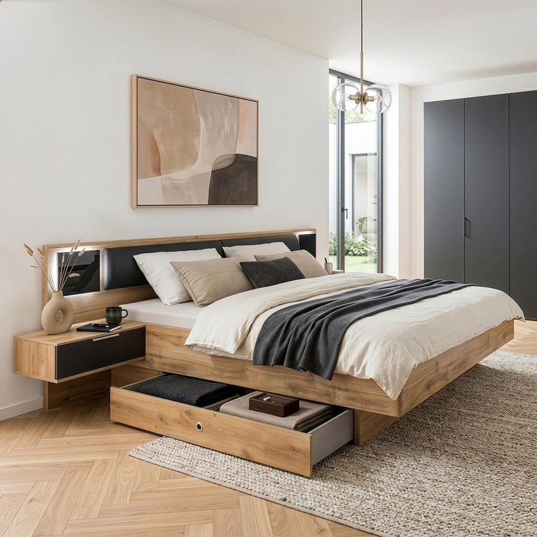 lomadox schlafzimmer doppelbett mit 2 bettschubladen 180x200 cm liegeflaeche in eiche und graphit inkl kopfteilpolster beleuchtetem glaspaneel