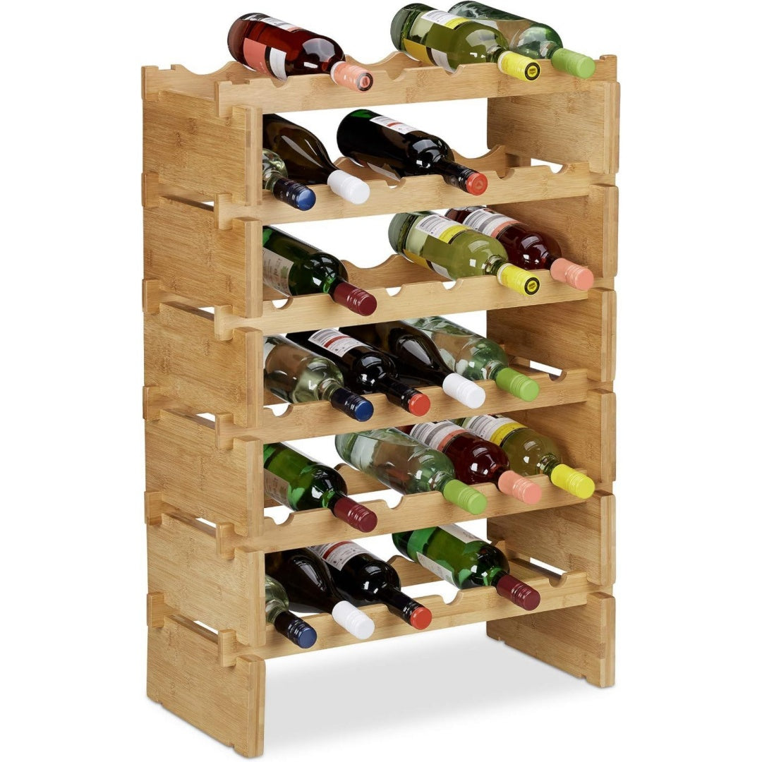 relaxdays weinregal stapelbar bambus flaschenhalter fuer 36 flaschen wein erweiterbarer weinstaender mit 6 ebenen natur