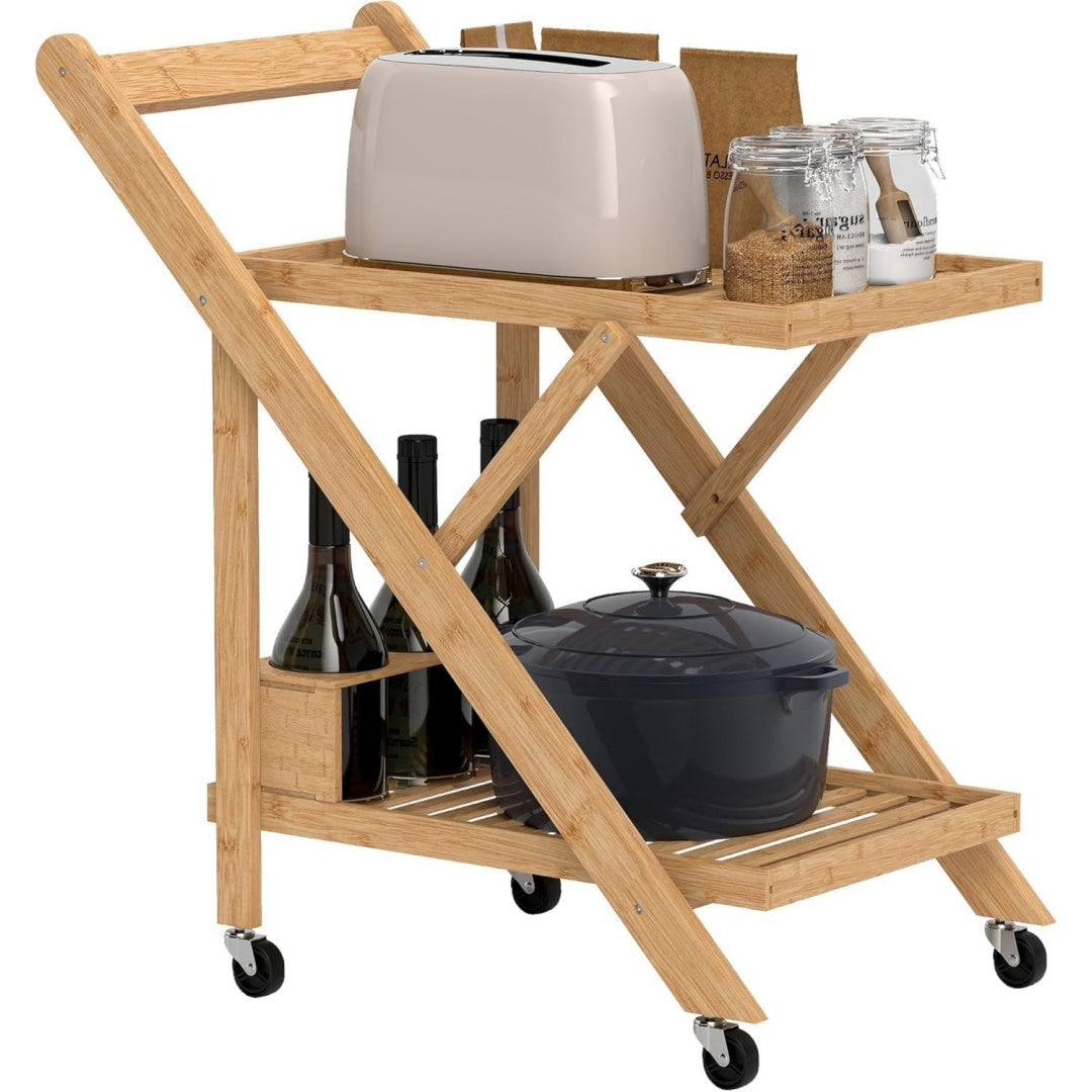 kuechenwagen 2 ebenen rollwagen weinregal 66 x 40 x 70 cm natur arbeitsplatte griff kuechenregal auf rollen klappbar allzweckwagen fuer buero kueche bambus