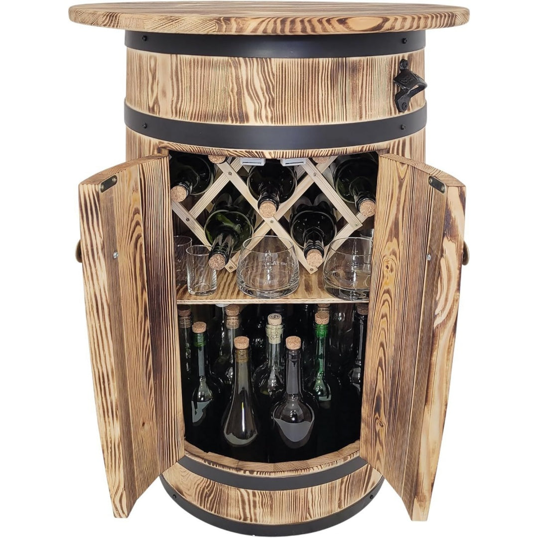 weeco fassfoermiger schrank aus kiefernholz mit ablageflaeche und regal fuer 3040 flaschen rustikales barregal mit flaschenoeffner und klappbarem flaschenhalter 80x55x44 cm braun