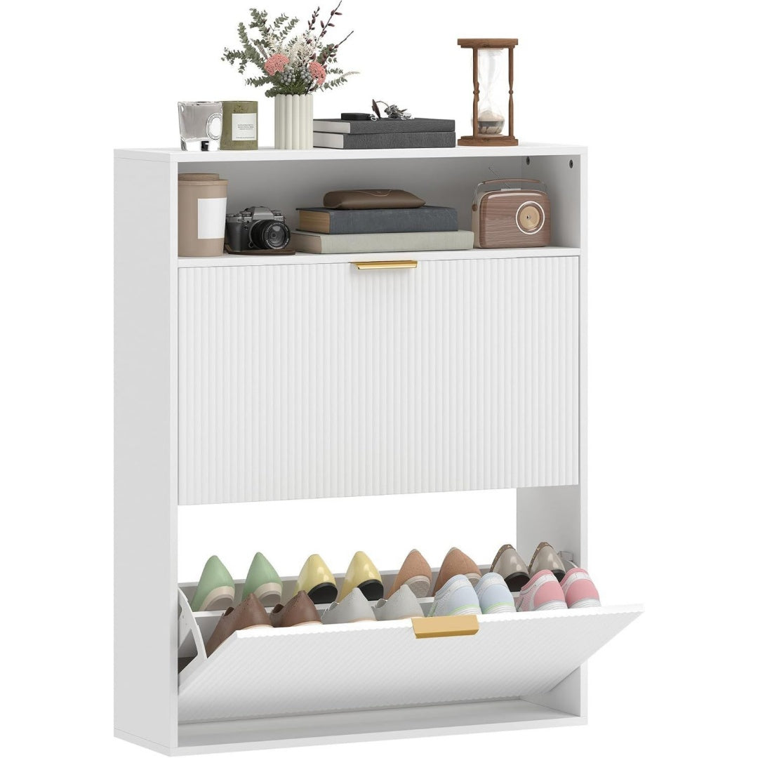 schuhschrank mit 2 klappen 2 tueren fuer 12-16 paar 80x24x1025cm weiss schmal schuhkipper ablageflaeche schuhkommode fuer flur eingang